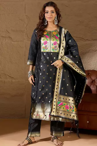 Floral embroidered cotton silk round neck kurta trouser & dupatta set