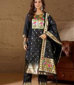Floral embroidered cotton silk round neck kurta trouser & dupatta set