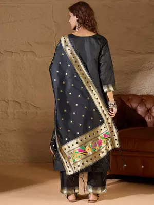 Floral embroidered cotton silk round neck kurta trouser & dupatta set 2