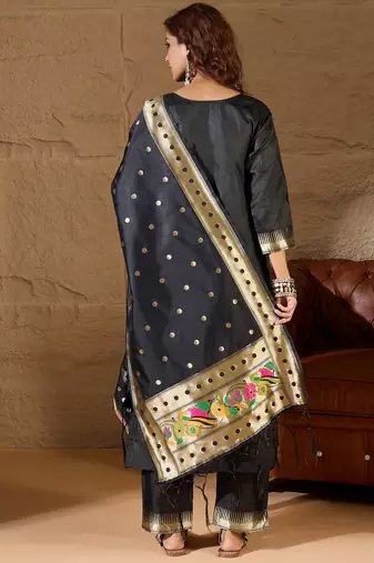 Floral embroidered cotton silk round neck kurta trouser & dupatta set