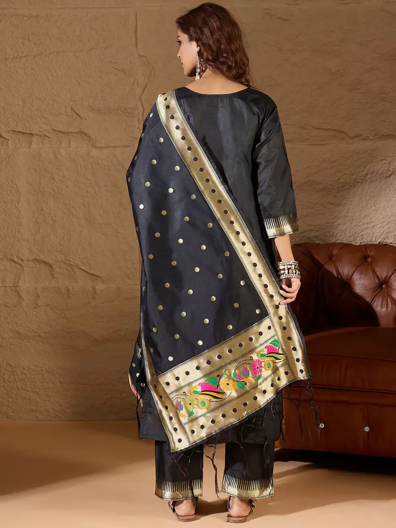 Floral embroidered cotton silk round neck kurta trouser & dupatta set