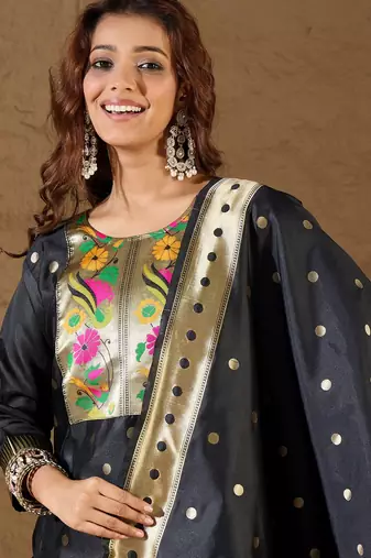 Floral embroidered cotton silk round neck kurta trouser & dupatta set