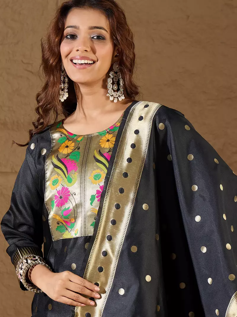 Floral embroidered cotton silk round neck kurta trouser & dupatta set