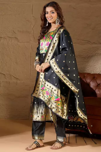Floral embroidered cotton silk round neck kurta trouser & dupatta set