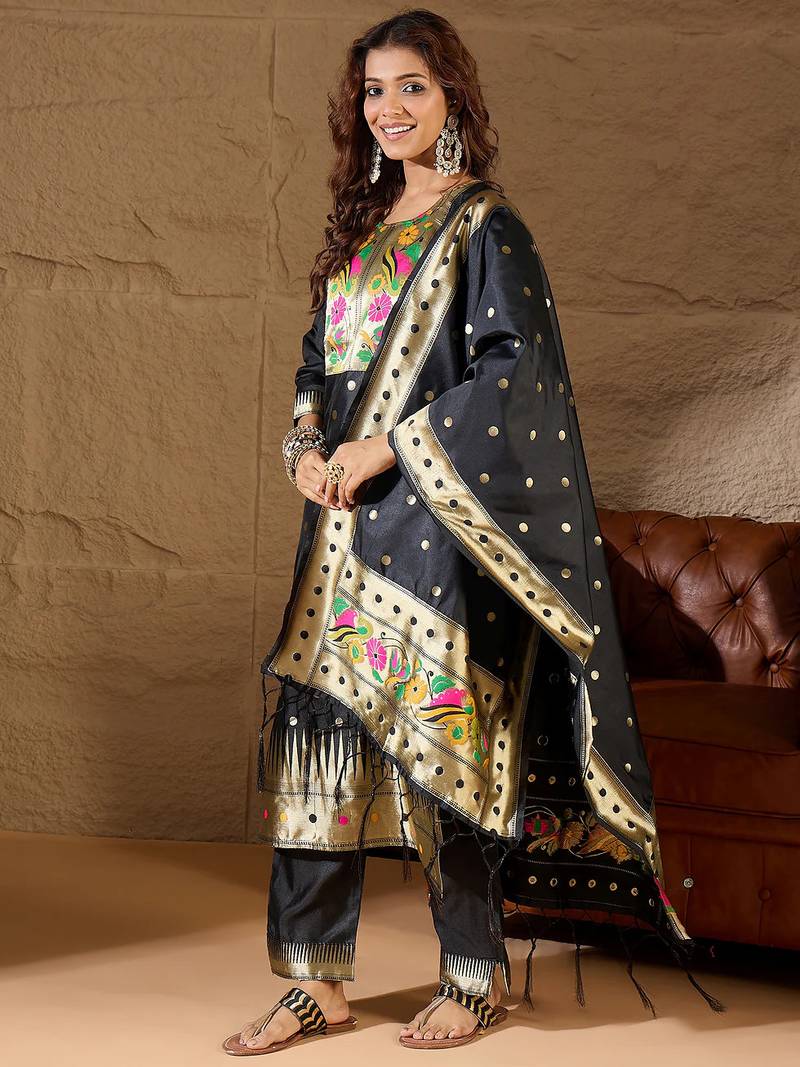 Floral embroidered cotton silk round neck kurta trouser & dupatta set