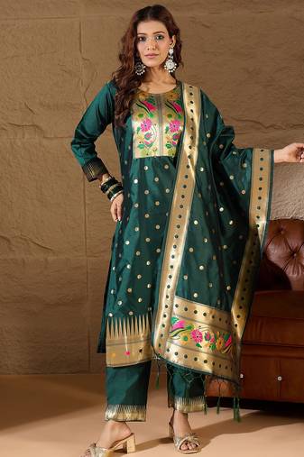 Floral embroidered cotton silk round neck kurta trouser & dupatta set