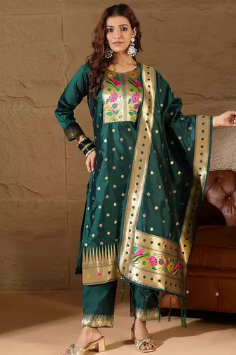 Floral embroidered cotton silk round neck kurta trouser & dupatta set