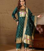 Floral embroidered cotton silk round neck kurta trouser & dupatta set