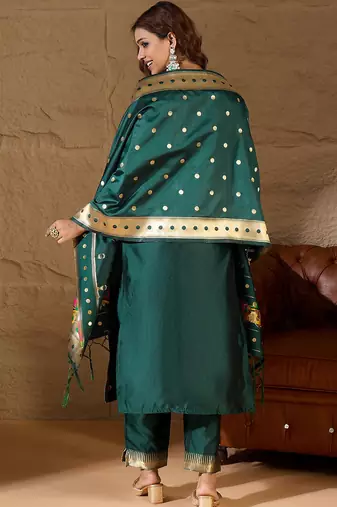 Floral embroidered cotton silk round neck kurta trouser & dupatta set