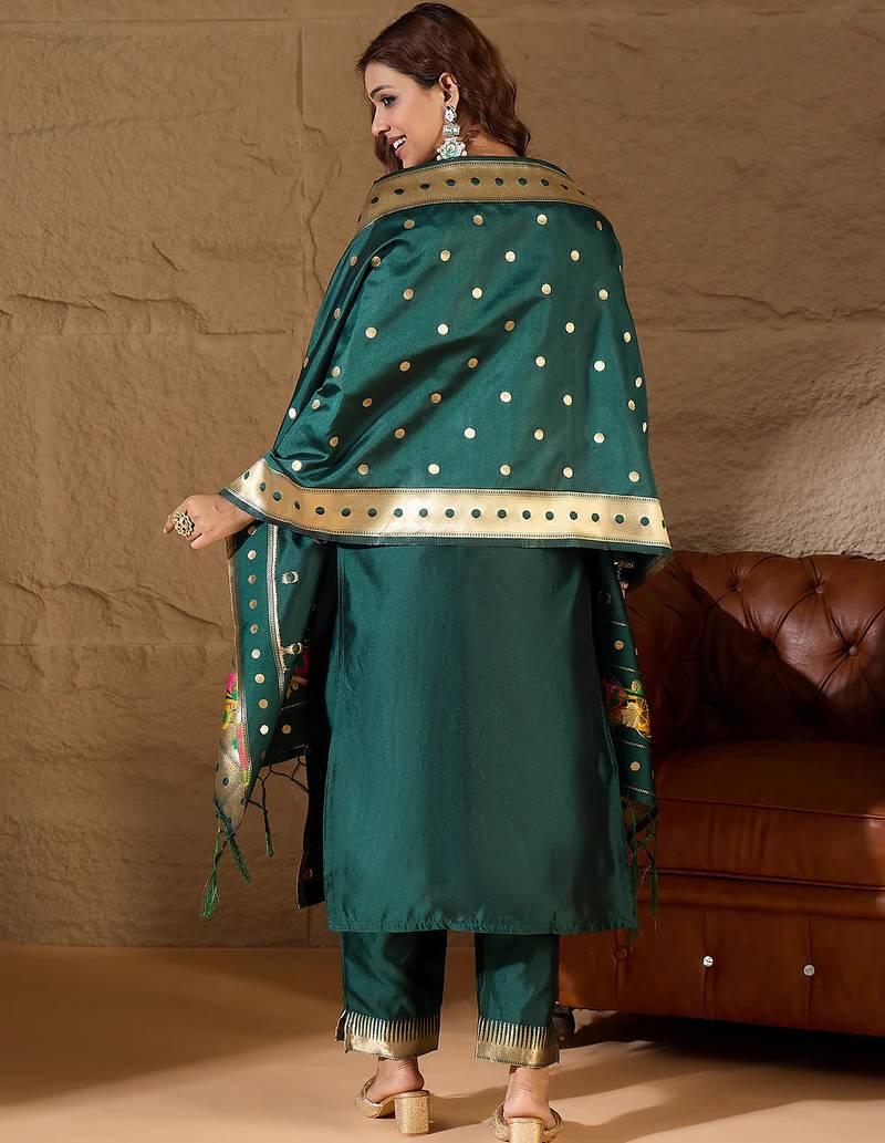 Floral embroidered cotton silk round neck kurta trouser & dupatta set