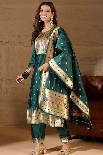 Floral embroidered cotton silk round neck kurta trouser & dupatta set