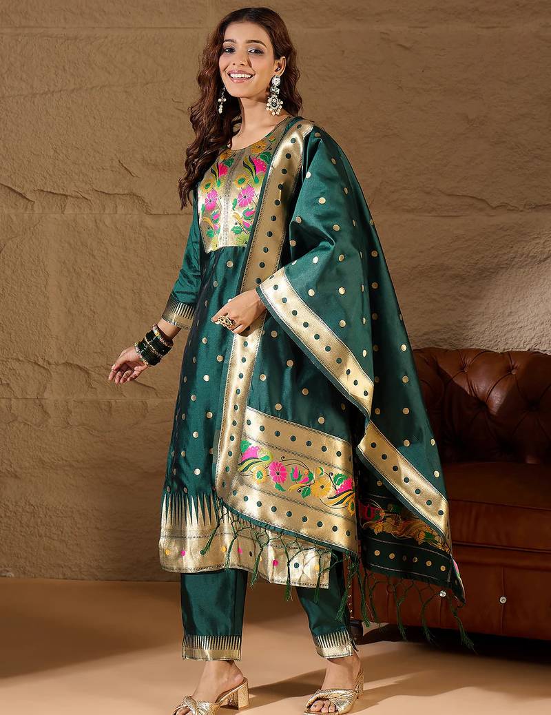Floral embroidered cotton silk round neck kurta trouser & dupatta set