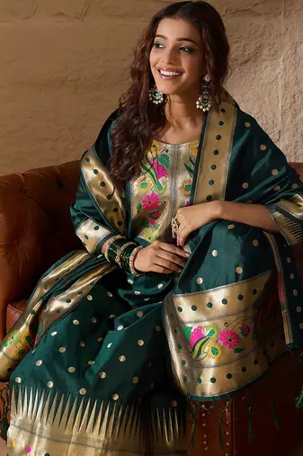 Floral embroidered cotton silk round neck kurta trouser & dupatta set