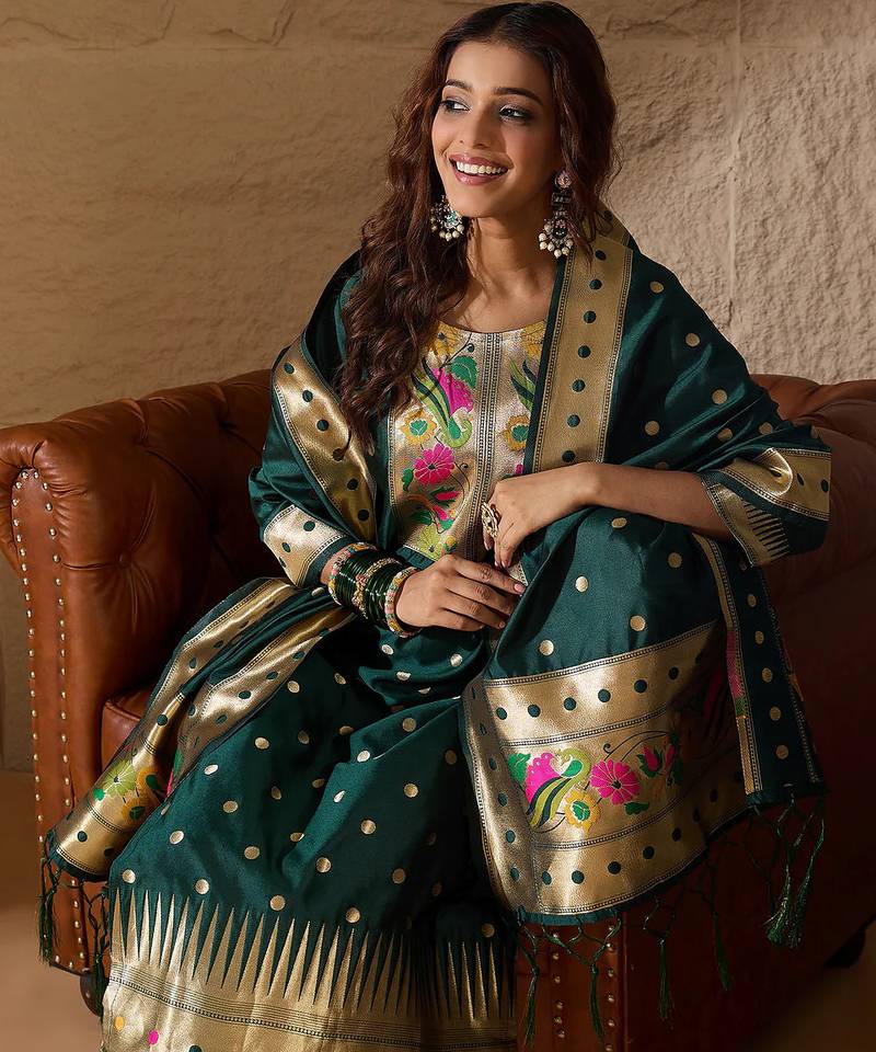 Floral embroidered cotton silk round neck kurta trouser & dupatta set