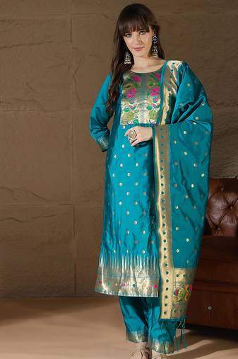 Floral embroidered cotton silk round neck kurta trouser & dupatta set