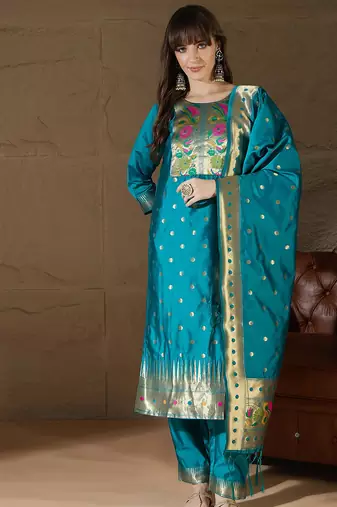 Floral embroidered cotton silk round neck kurta trouser & dupatta set