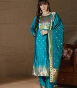 Floral embroidered cotton silk round neck kurta trouser & dupatta set