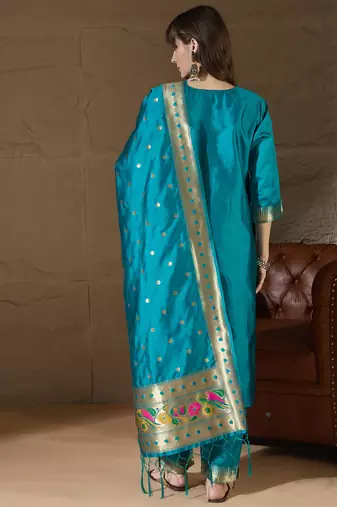 Floral embroidered cotton silk round neck kurta trouser & dupatta set