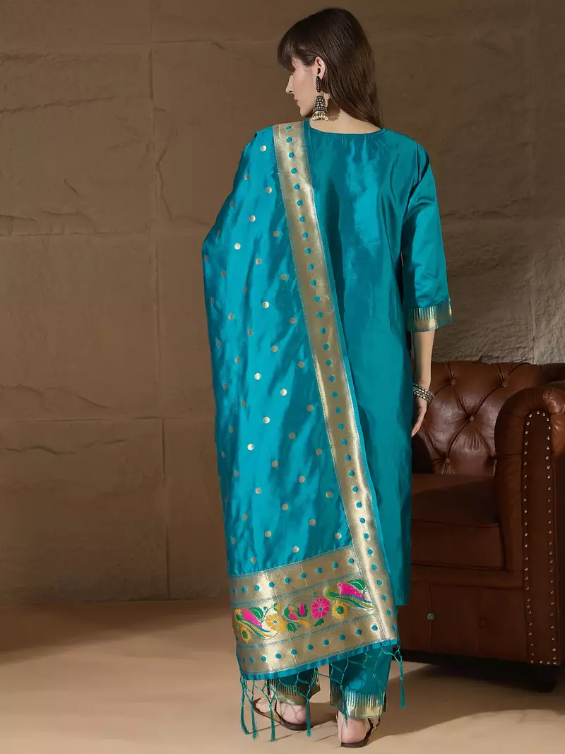Floral embroidered cotton silk round neck kurta trouser & dupatta set