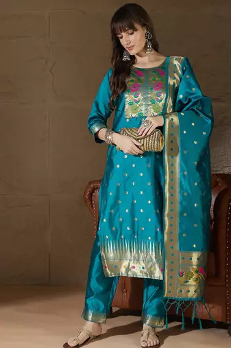Floral embroidered cotton silk round neck kurta trouser & dupatta set