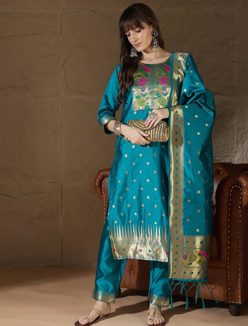 Floral embroidered cotton silk round neck kurta trouser & dupatta set