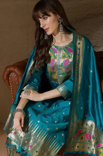 Floral embroidered cotton silk round neck kurta trouser & dupatta set