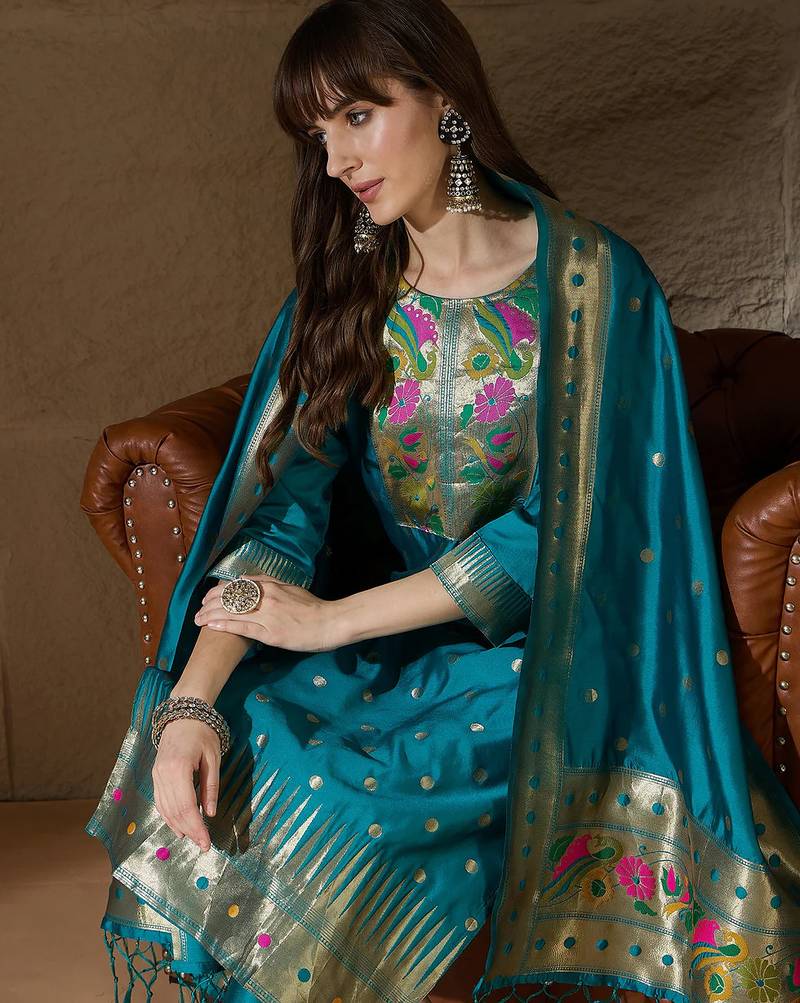 Floral embroidered cotton silk round neck kurta trouser & dupatta set