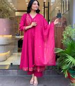 Women's Gorgeous Embroidery Work Chanderi Sik Fabric Flared Kurta Pant and Dupatta Set