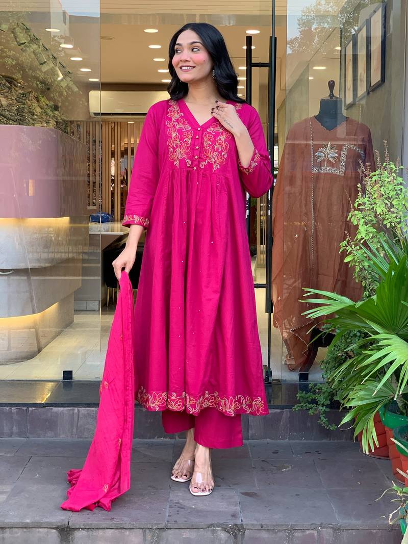 Women's Gorgeous Embroidery Work Chanderi Sik Fabric Flared Kurta Pant and Dupatta Set