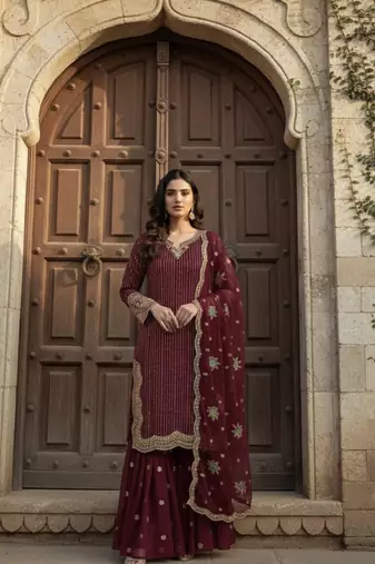 Red georgette party wear embroidery  suit set