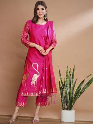 Floral printed cotton silk round neck kurta trouser & dupatta set 1