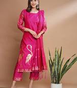 Floral printed cotton silk round neck kurta trouser & dupatta set