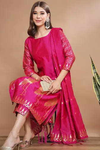 Floral printed cotton silk round neck kurta trouser & dupatta set