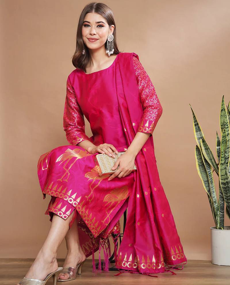 Floral printed cotton silk round neck kurta trouser & dupatta set
