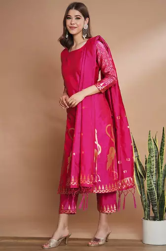 Floral printed cotton silk round neck kurta trouser & dupatta set
