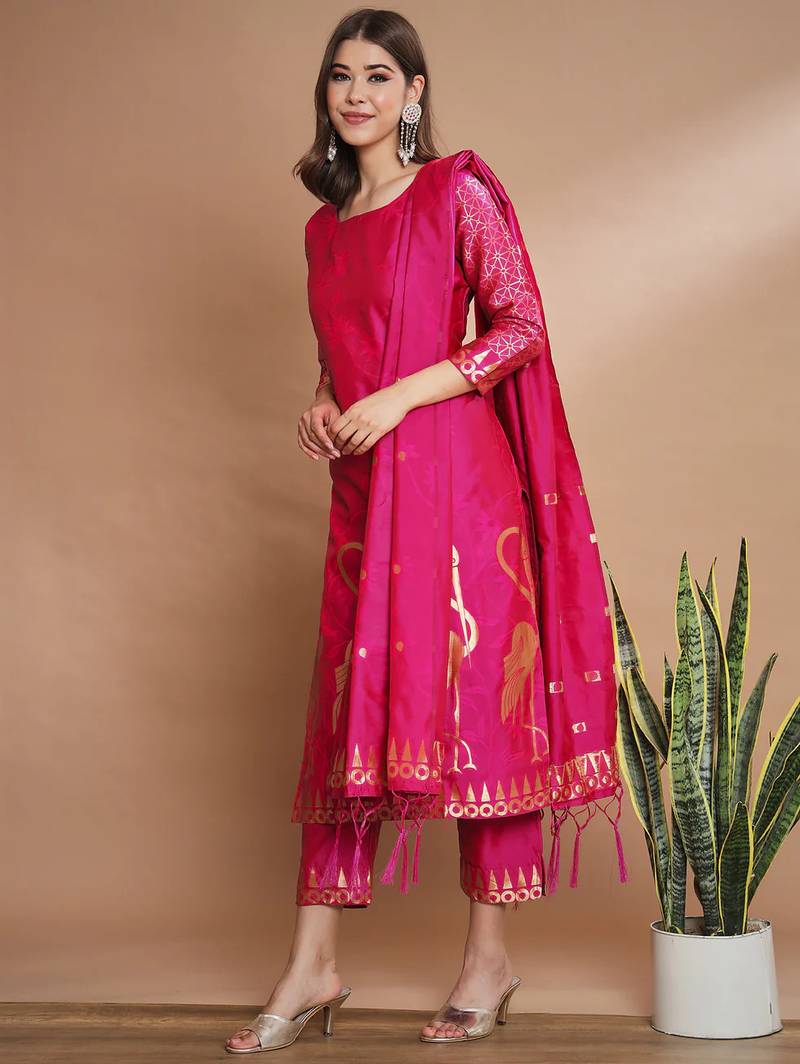 Floral printed cotton silk round neck kurta trouser & dupatta set