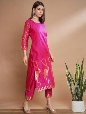 Floral printed cotton silk round neck kurta trouser & dupatta set 4
