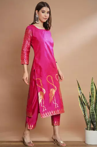 Floral printed cotton silk round neck kurta trouser & dupatta set