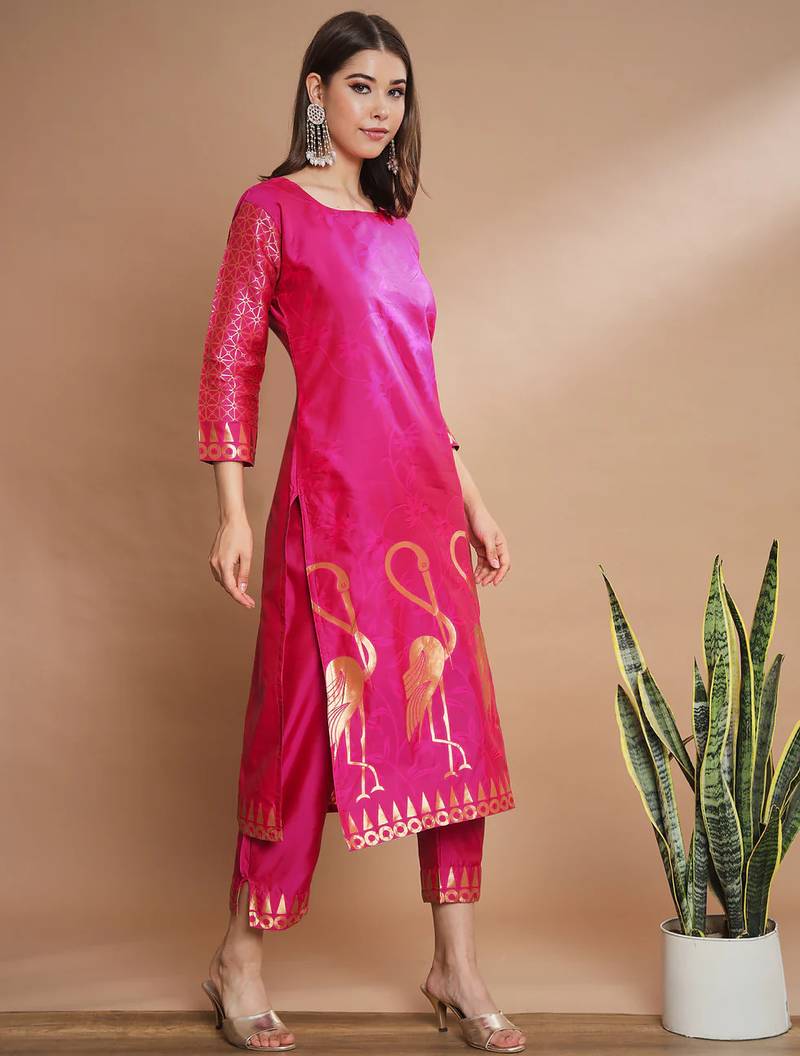 Floral printed cotton silk round neck kurta trouser & dupatta set