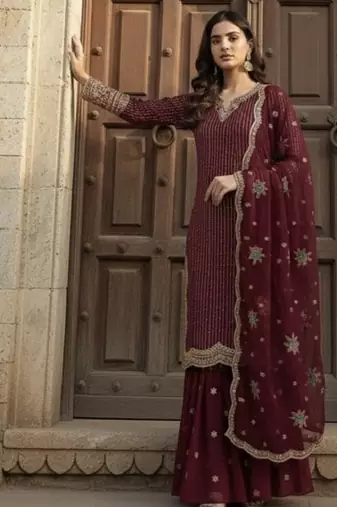 Red georgette party wear embroidery  suit set