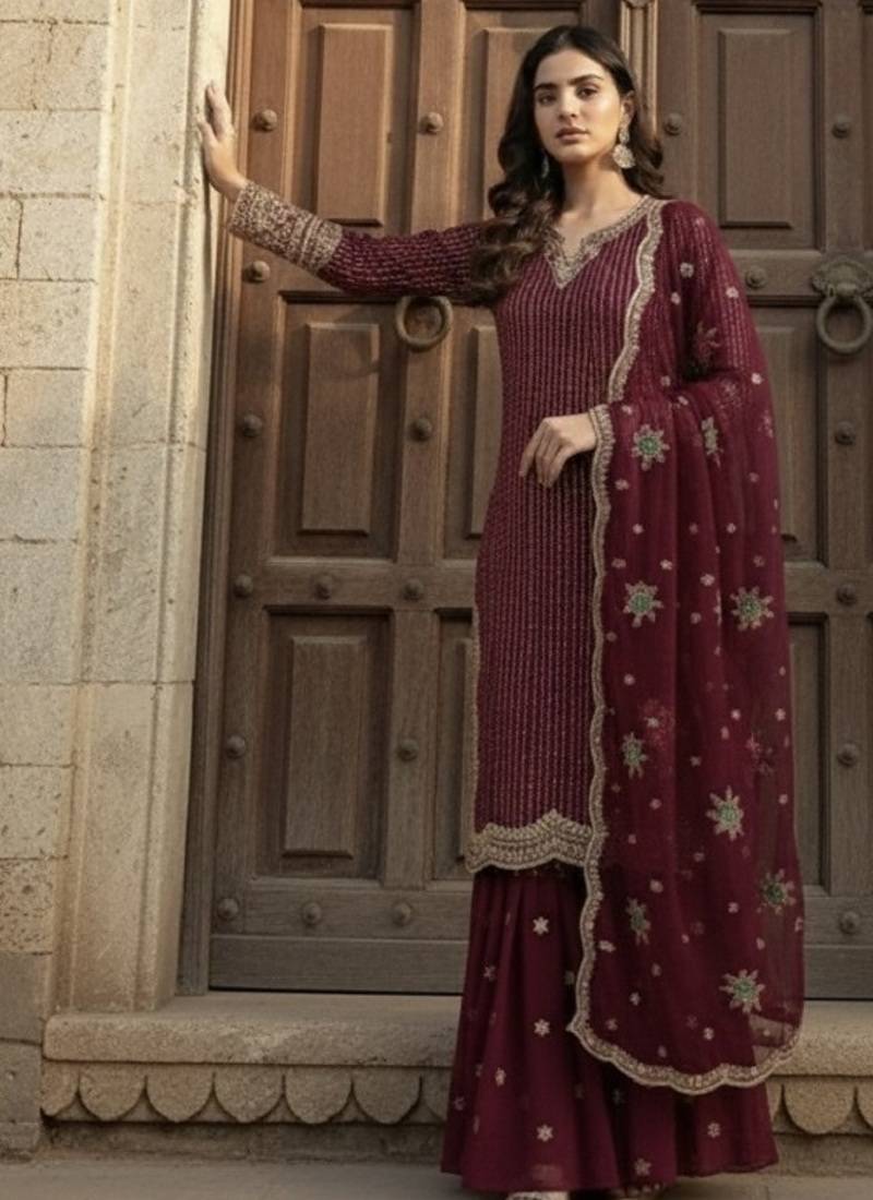 Red georgette party wear embroidery  suit set