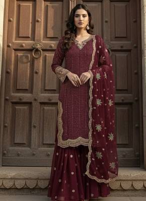 Red georgette party wear embroidery  suit set 3