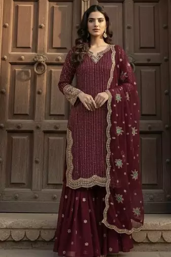 Red georgette party wear embroidery  suit set