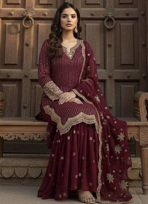 Red georgette party wear embroidery  suit set 4