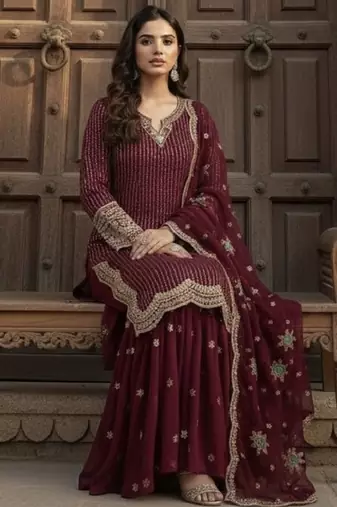 Red georgette party wear embroidery  suit set