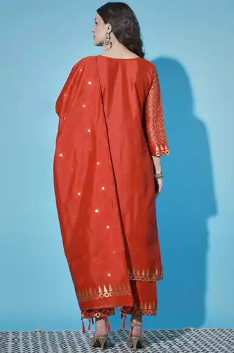 Floral printed cotton silk round neck kurta trouser & dupatta set