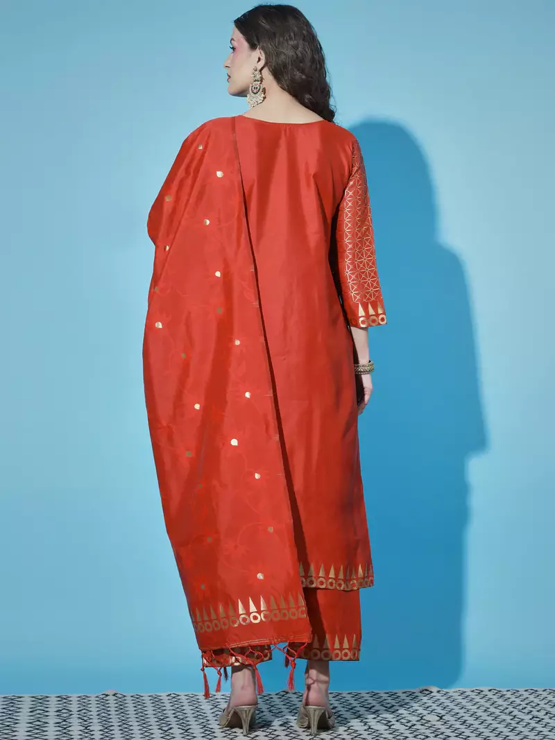 Floral printed cotton silk round neck kurta trouser & dupatta set