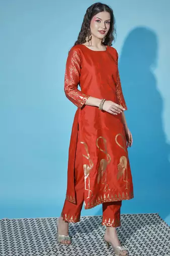 Floral printed cotton silk round neck kurta trouser & dupatta set