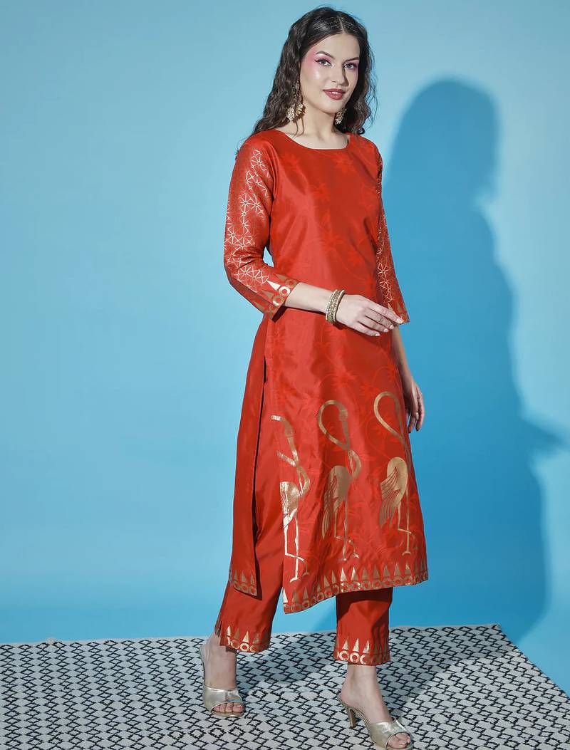 Floral printed cotton silk round neck kurta trouser & dupatta set