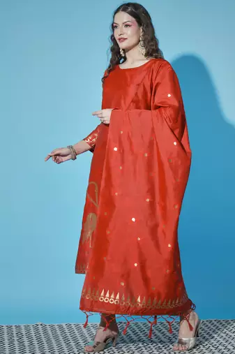 Floral printed cotton silk round neck kurta trouser & dupatta set